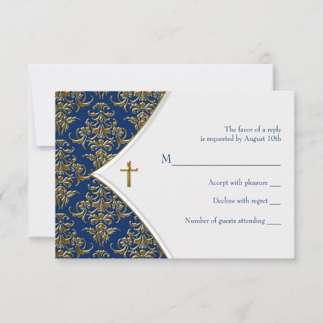 Réponse RSVP pour baptême croix bleue et or (Devant)