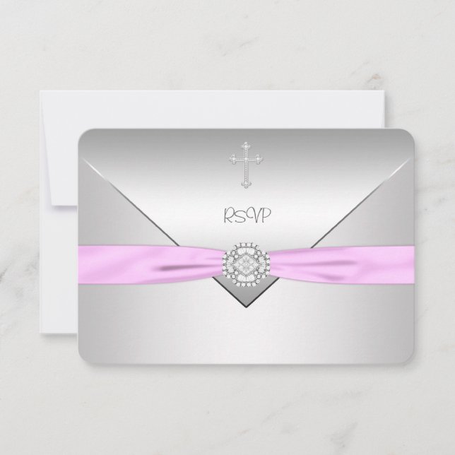 Réponse RSVP pour baptême de bébé fille Croix Rose (Devant)