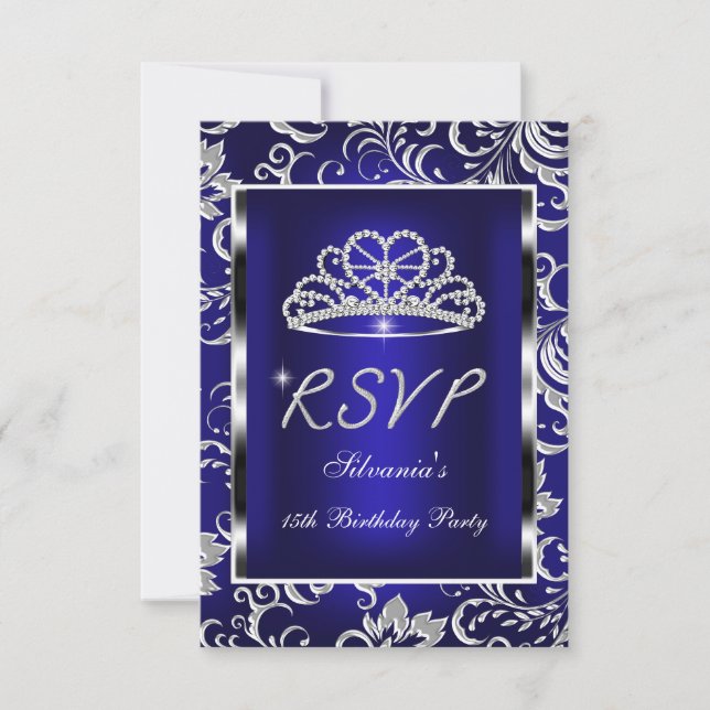 Réponse RSVP Quinceanera bleu foncé Damask Argent (Devant)