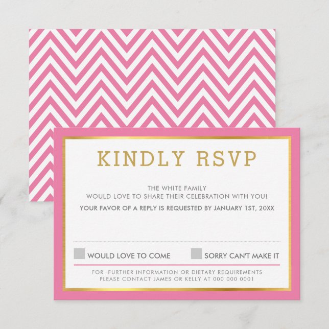 REPONSE RSVP réponse simple motif chevron rose  (Devant / Derrière)