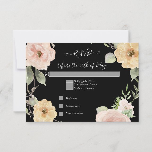Réponse RSVP Rose Noir Rose Florale Bohème Jaune (Devant)