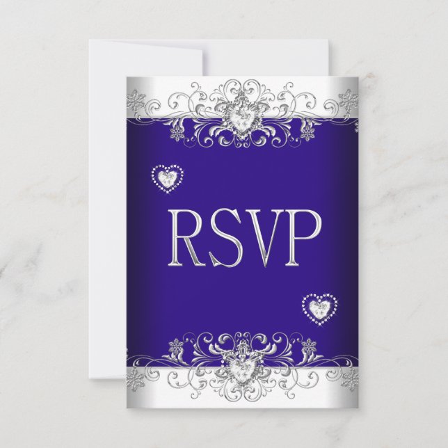 Réponse RSVP Royal bleu Mariage Cœurs Diamant Blan (Devant)