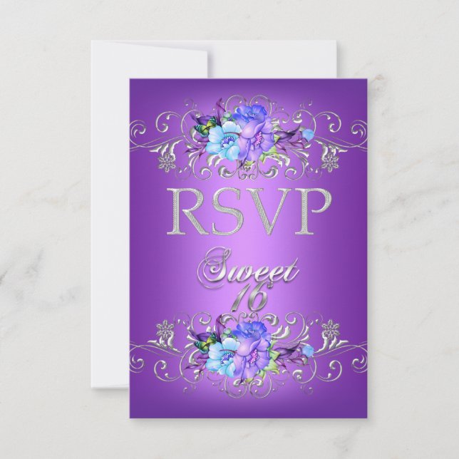Réponse RSVP Sweet 16 Seize Fleurs Blanches Violet (Devant)