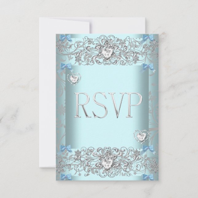Réponse Teal Blue Damask Mariage Cœurs de Diamant  (Devant)