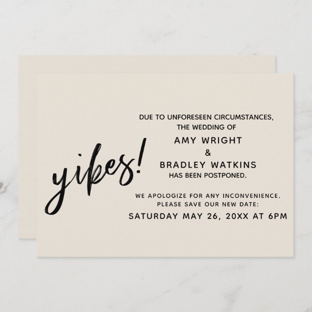 Reporté Humour Mariage Yikes ! Faire-part de crème (Devant / Derrière)