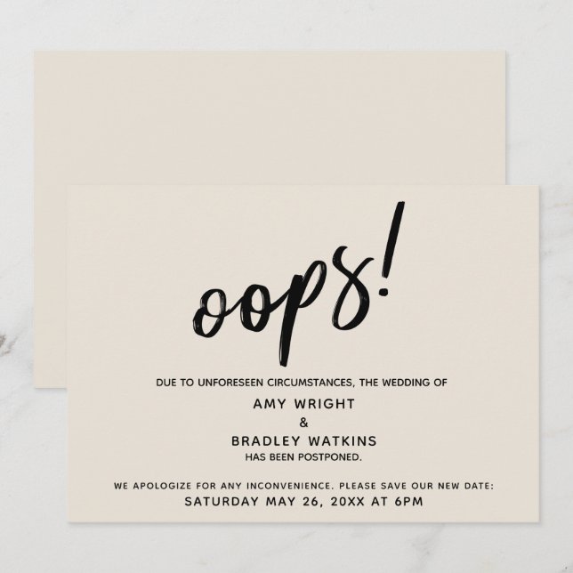 Reporté Mariage Humoristique "Oups !" Carte Crème (Devant / Derrière)