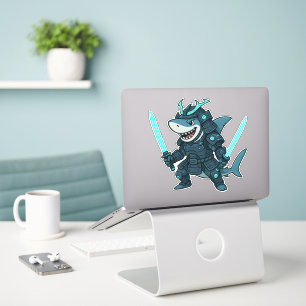 Requin cyber en armure avec autocollant épées doub