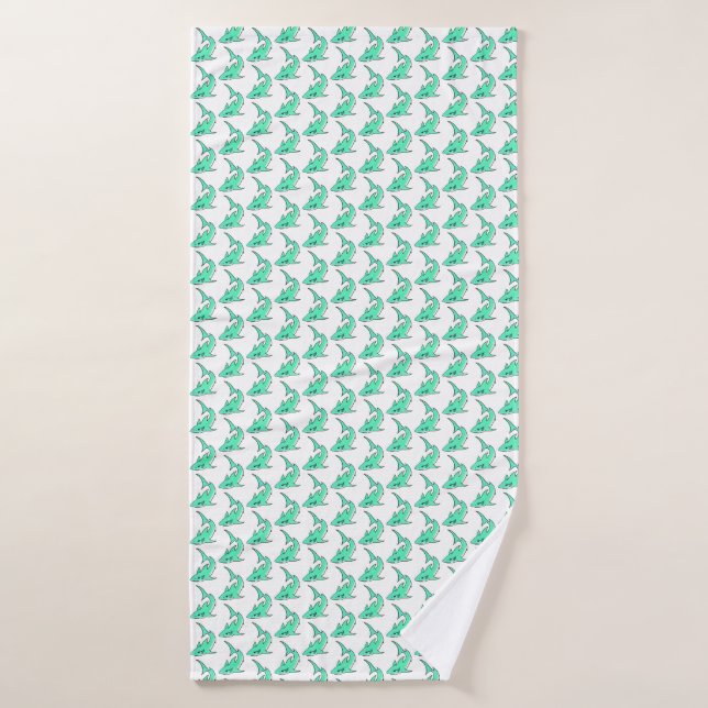 requin souriant de dessin animé bleu vert océan an (Serviette de bain)