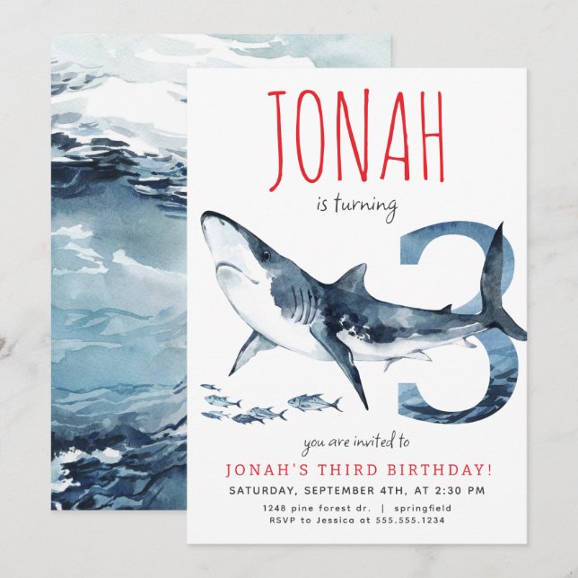 Requin troisième invitation anniversaire (Devant / Derrière)