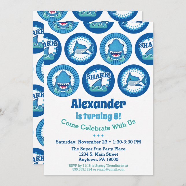Requins Anniversaire Invitation Garçons Shark Part (Devant / Derrière)