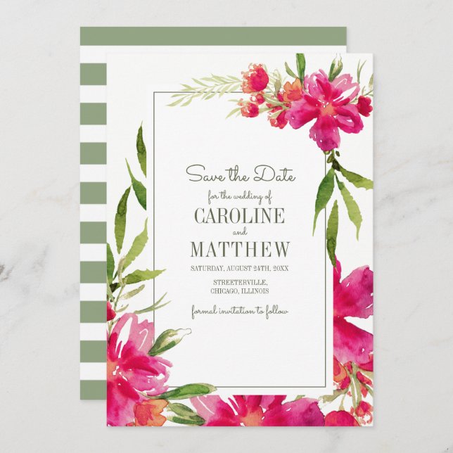 Réservez la date. Carte Fuchsia Green Floral Maria (Devant / Derrière)