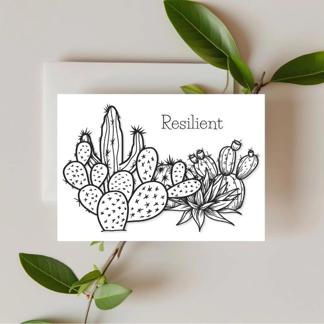 Résilient — Carte de soutien Desert Ink (Minimal desert botanical support card featuring hand-drawn cactus illustration.)