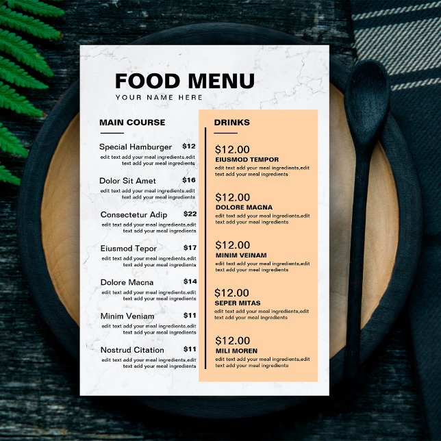 Restaurant moderne Menu Mermer | Liste de prix (Créateur téléchargé)
