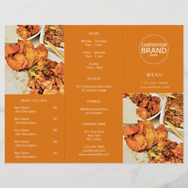 Restaurant Takeout Logo Photo Tri-fold Orange Menu (Devant)