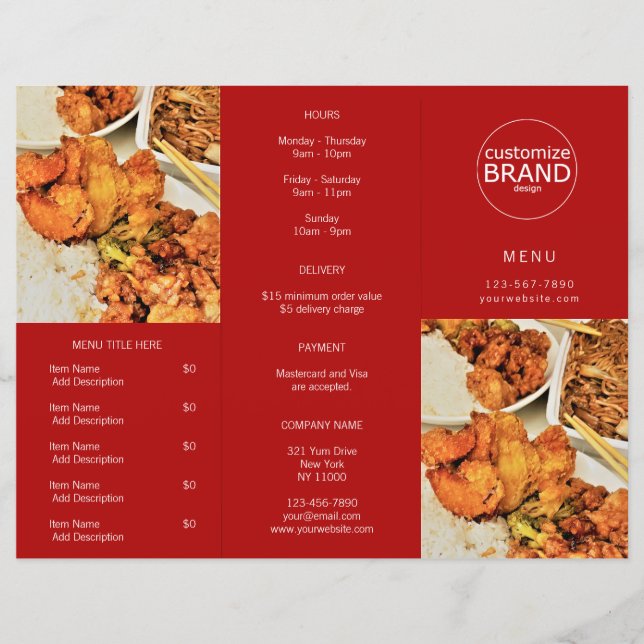 Restaurant Takeout Logo Photo Tri-fold Red Menu (Devant)