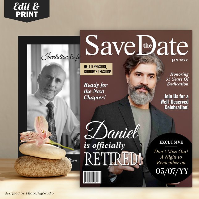 Retraite Sauvegarder la date Invitation de magazin (Retirement Save the Date Modern Magazine Retirement Invite)