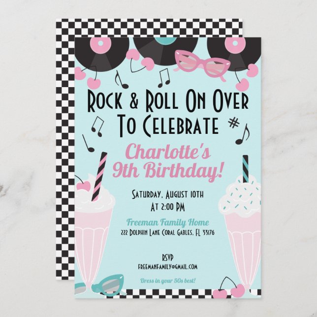 Retro 1950 Diner Milkshake Invitation d'anniversai (Devant / Derrière)