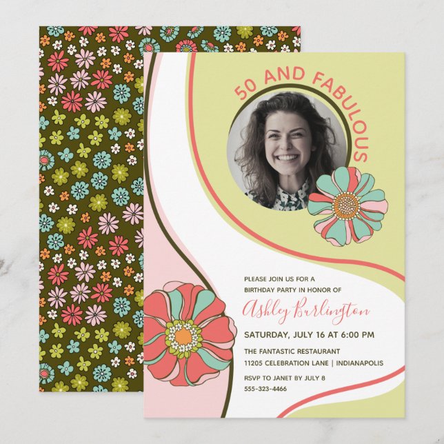Retro 50 & Fabuleux Super Floral Photo Invitation (Devant / Derrière)