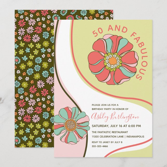 Retro 50 & Fabulous Super Floral Invitation (Devant / Derrière)