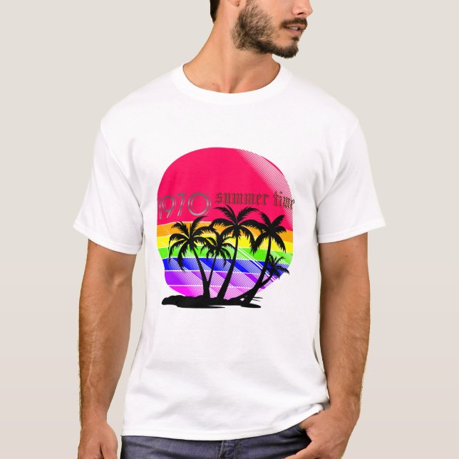 "Retro 80s Summer Vibe T-Shirt - Rainbow Palm Suns (Devant)