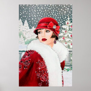 Rétro affiche vintage de dame d'art déco de Noël