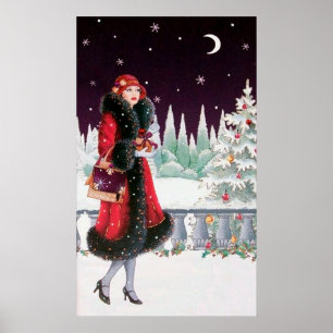 Rétro affiche vintage de dame d'art déco de Noël