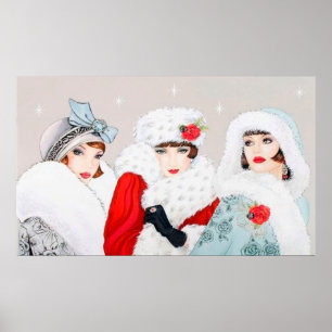 Rétro affiche vintage de dames de Noël d'art déco