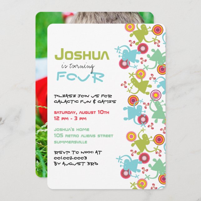 Retro Aliens Super Enfants Photo Invitation Annive (Devant / Derrière)