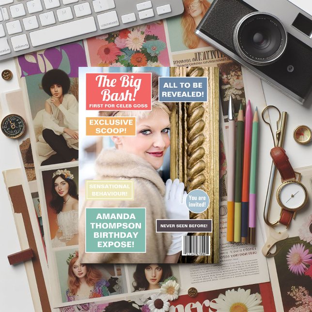 Retro Anniversaire Magazine Couverture Invitation (Retro Magazine themed Birthday Party invitation)