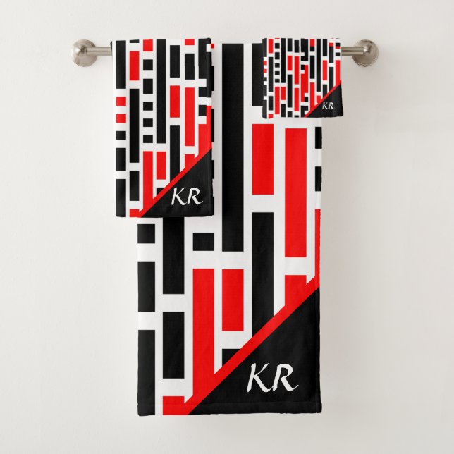 Retro Art Déco Rouge Noir Abstrait Motif Monogramm (En situation)