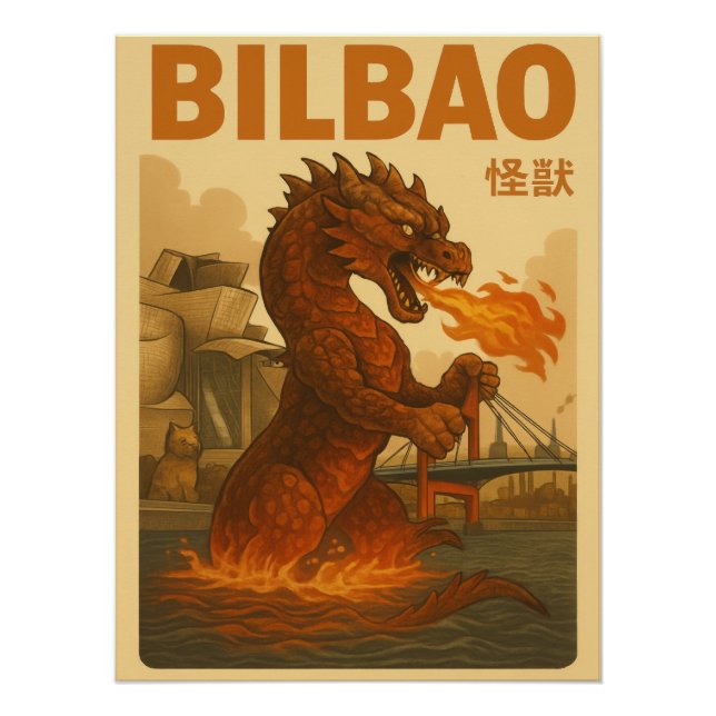 Retro Bilbao Travel Poster - Spanish Kaiju Monster (Devant)