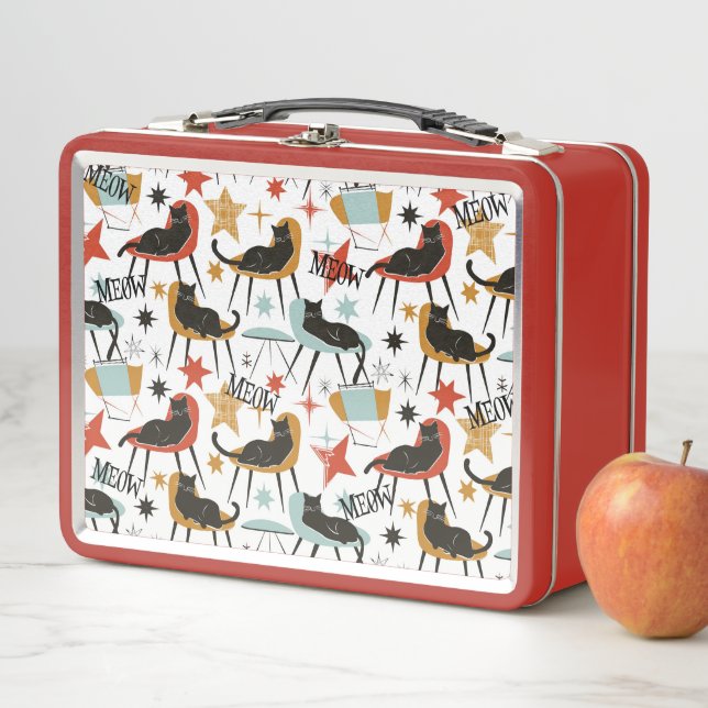 Retro Black Cat in Atomic MCM Metal Lunch Box (En situation)