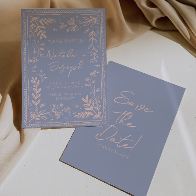 Retro Blue Cream Drawn Floral Garden Save The Date (Créateur téléchargé)