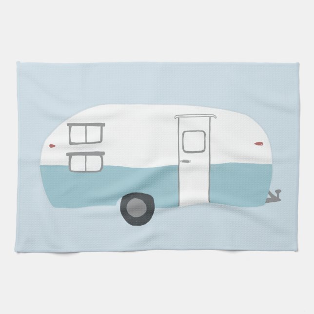 Rétro Camper Trailer bleu serviette de cuisine (Horizontal)