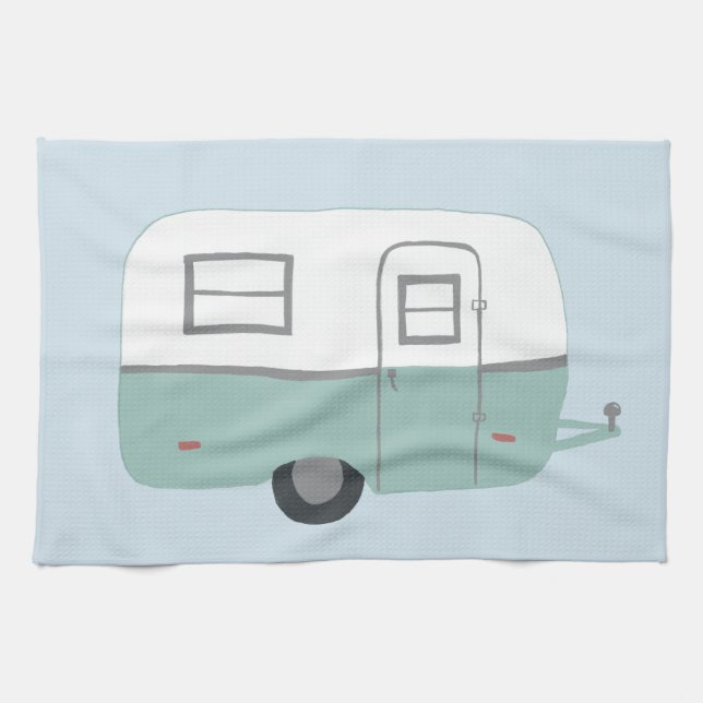 Rétro Camper Trailer bleu serviette de cuisine (Horizontal)