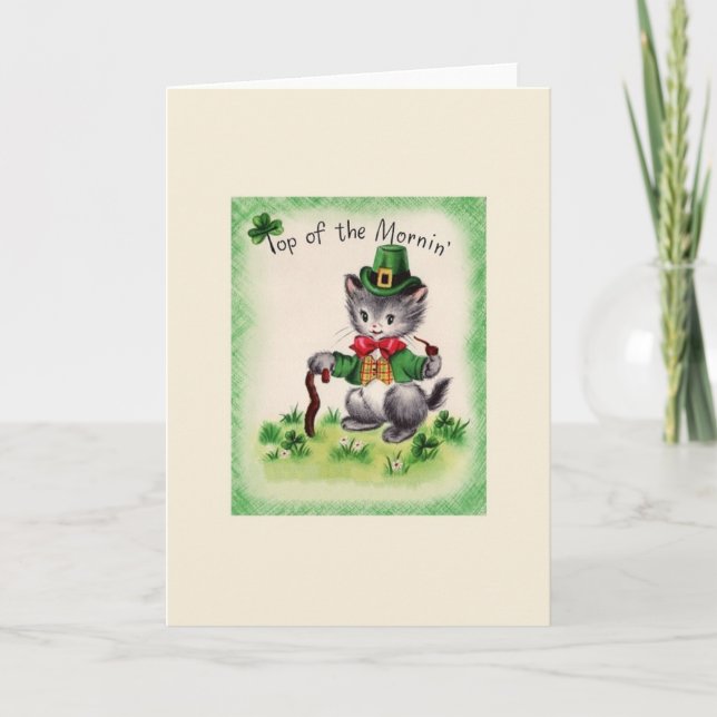 Rétro carte du jour de St Patrick de lutin de chat (Devant)