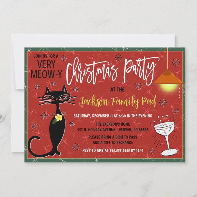 Retro Cat Christmas Cocktail Party Invitation (Devant)