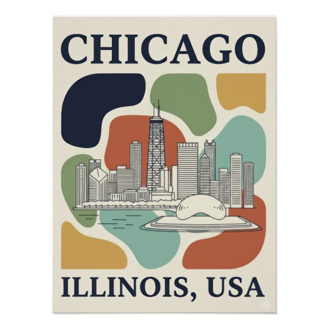 Retro Chicago Skyline Travel Poster - Mid-Century (Devant)