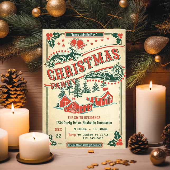 Retro Christmas Party Vintage Rustic Invitation (Créateur téléchargé)