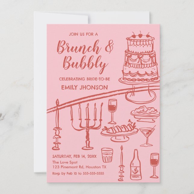 Retro coquete pink brunch and bubbly invitation (Devant)