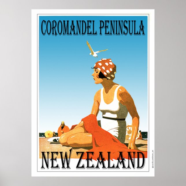 Retro Coromandel Peninsula Beach Poster New Zealan (Devant)