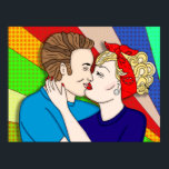 Retro Couple Kissing, affiche Pop Art des années 1<br><div class="desc">1950 Retro Couple Kissing Pop Art Style 1950 art dessiné à la main.</div>