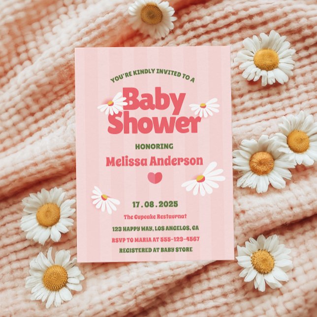 Retro Daisy Baby shower rose Invitation pour fille (Créateur téléchargé)