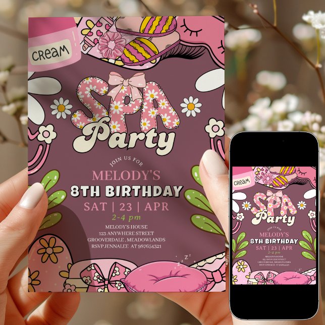 Retro Daisy Spa Party Birthday Invitation Maroon (Créateur téléchargé)