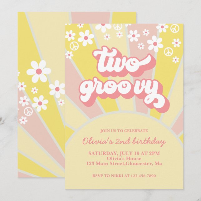 Retro Deux Groovy Invitation florale bohème soleil (Devant / Derrière)