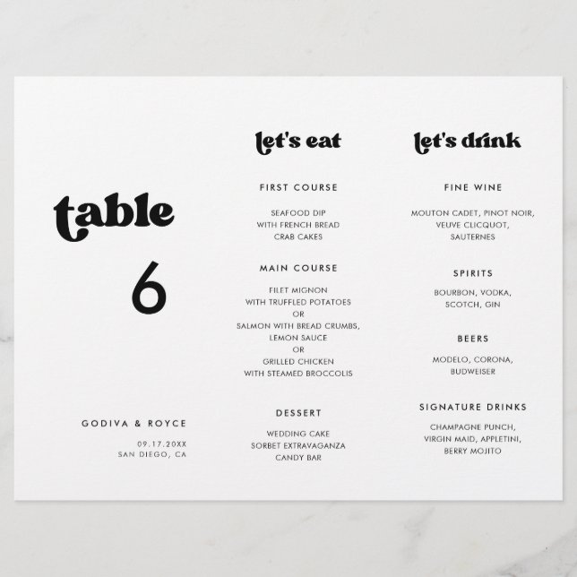 Retro élégant Menu & Numéro de table triples (Devant)