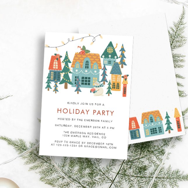 Retro Fête de Noël Invitation (Retro Houses Holiday Party Invitation by Painted Paperie)