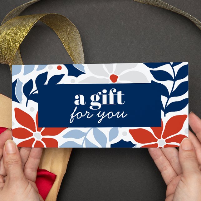 RÉTRO FLEURS NOËL ARGENT BLEU ROUGE SPÉCIAL (HOLIDAY CHRISTMAS THEMED GIFT CARD OR VOUCHER CARD IN BLUE GRAY AND RED.)