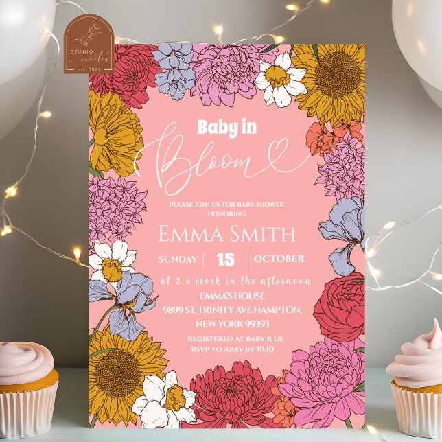 Retro Floral Baby in Bloom Baby shower Invitation (Créateur téléchargé)