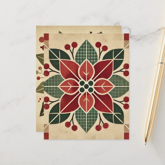 Retro Floral Folal Art Poinsettia Scrapbook Papier (Devant/Arrière en situation)